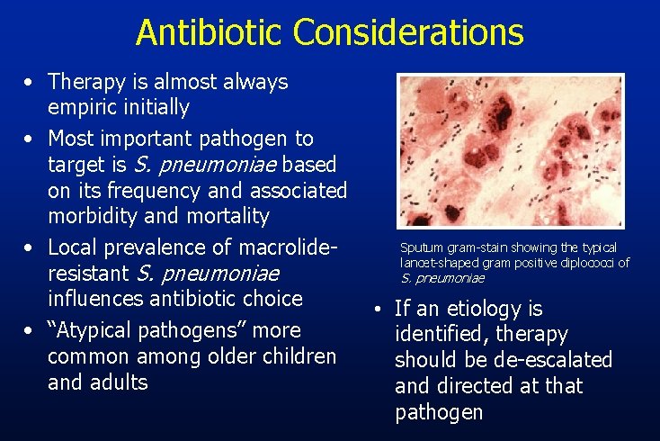 Antibiotic Considerations • Therapy is almost always empiric initially • Most important pathogen to