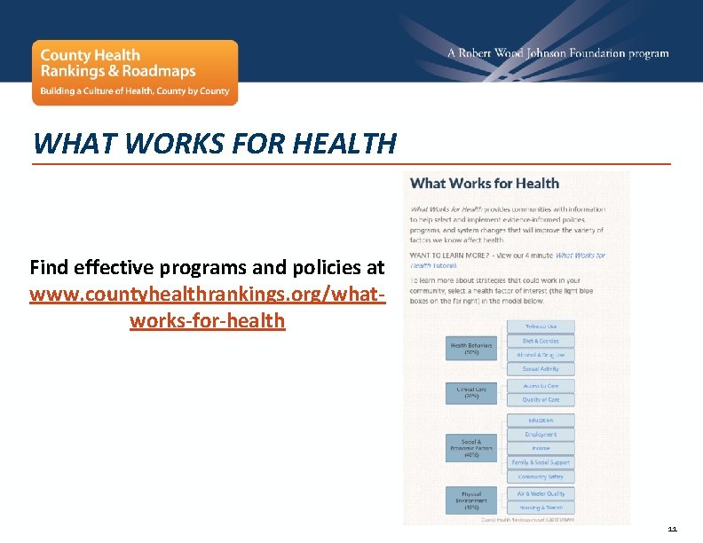 WHAT WORKS FOR HEALTH Find effective programs and policies at www. countyhealthrankings. org/whatworks-for-health 11