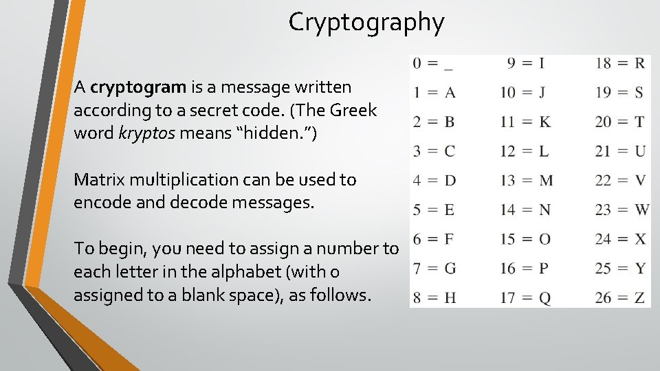 Cryptography A cryptogram is a message written according to a secret code. (The Greek