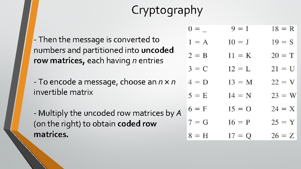 Cryptography - Then the message is converted to numbers and partitioned into uncoded row