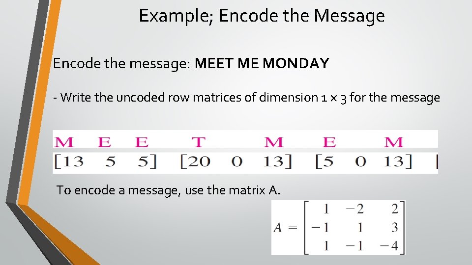 Example; Encode the Message Encode the message: MEET ME MONDAY - Write the uncoded