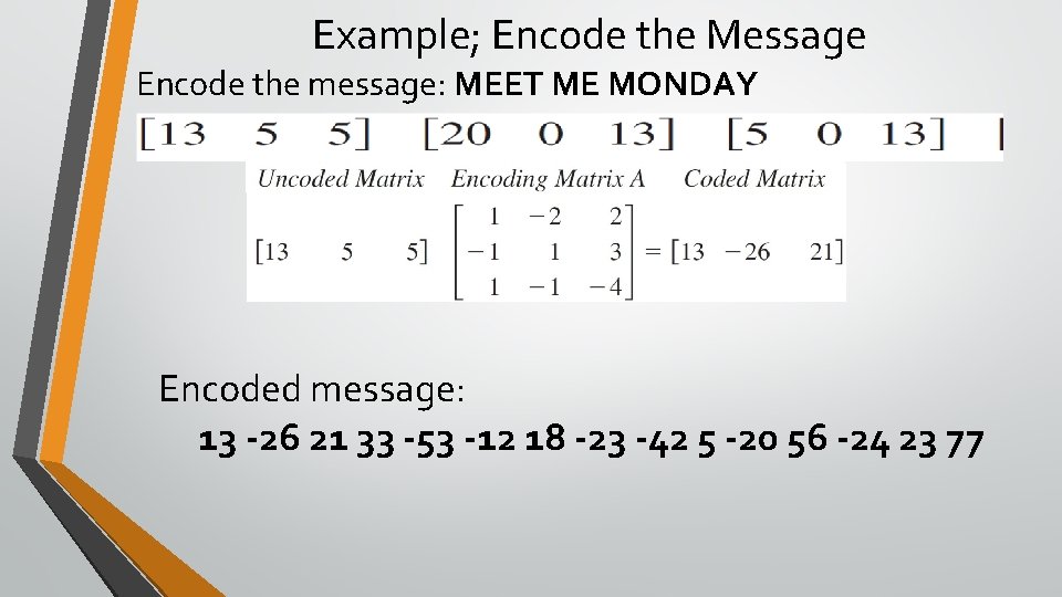 Example; Encode the Message Encode the message: MEET ME MONDAY Encoded message: 13 -26