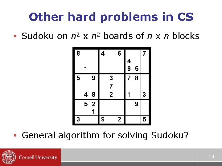 Other hard problems in CS § Sudoku on n 2 x n 2 boards