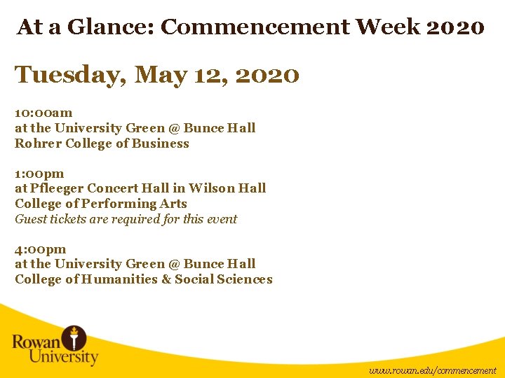 At a Glance: Commencement Week 2020 Tuesday, May 12, 2020 10: 00 am at