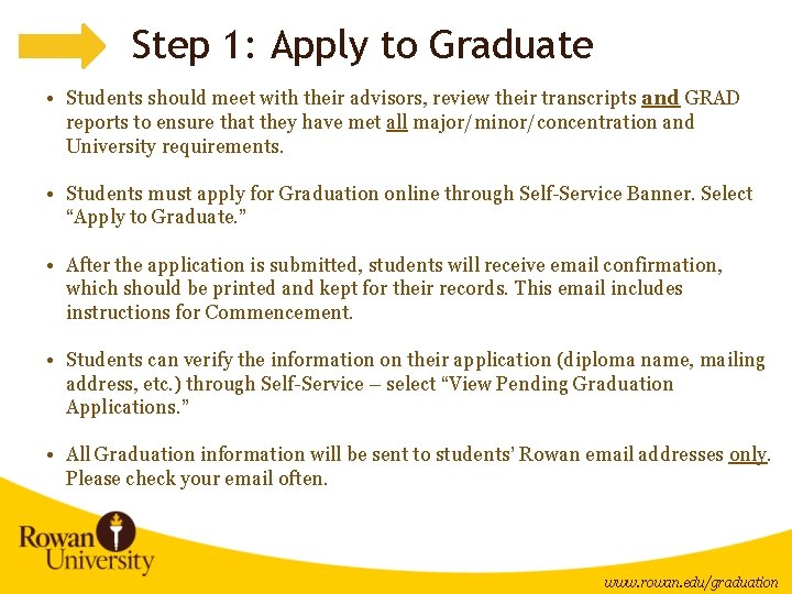 Step 1: Apply to Graduate • Students should meet with their advisors, review their