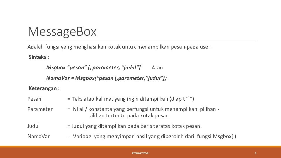 Message. Box Adalah fungsi yang menghasilkan kotak untuk menampilkan pesan-pada user. Sintaks : Msgbox