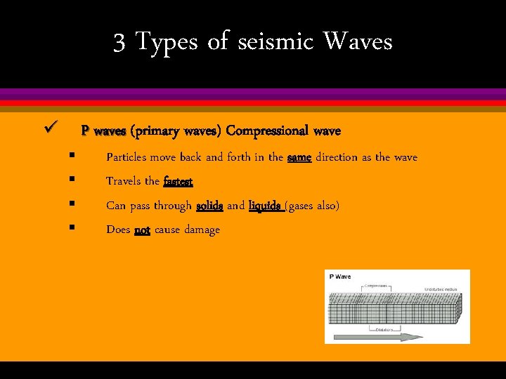 3 Types of seismic Waves ü § § P waves (primary waves) Compressional wave