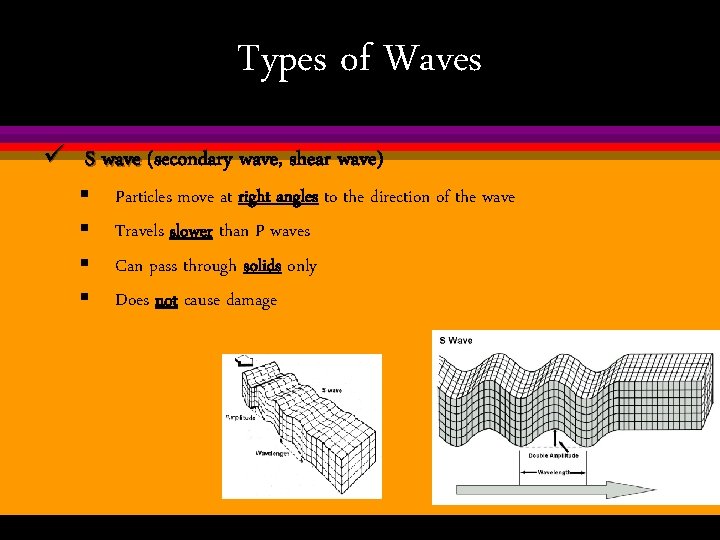 Types of Waves ü S wave (secondary wave, shear wave) § § Particles move
