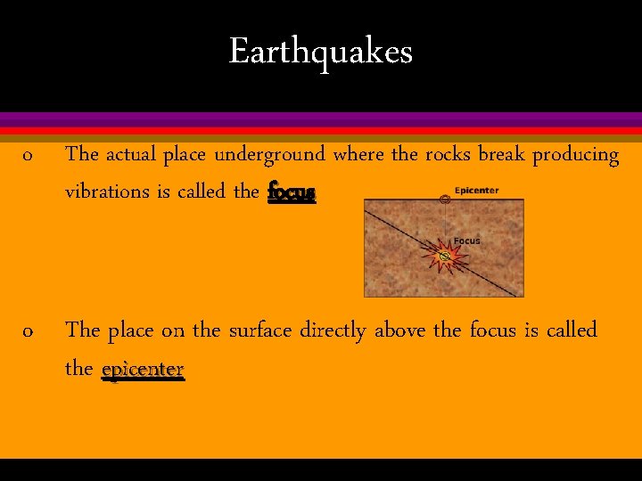 Earthquakes o The actual place underground where the rocks break producing vibrations is called