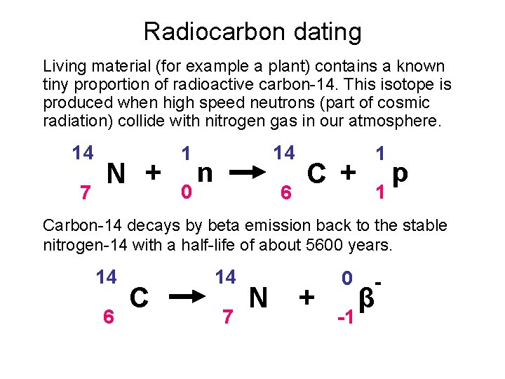 Radiocarbon dating Living material (for example a plant) contains a known tiny proportion of