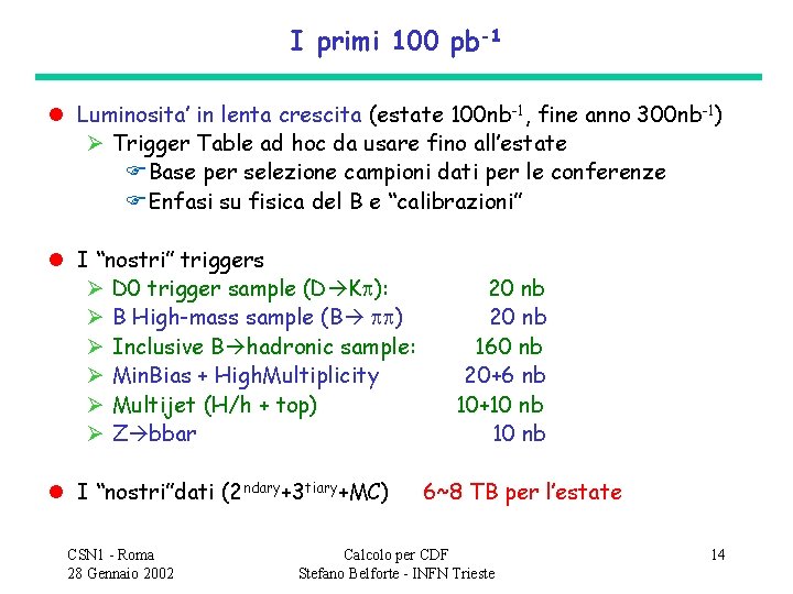 I primi 100 pb-1 l Luminosita’ in lenta crescita (estate 100 nb-1, fine anno