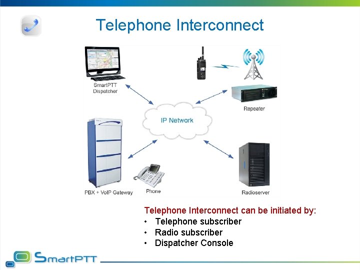 Telephone Interconnect can be initiated by: • Telephone subscriber • Radio subscriber • Dispatcher
