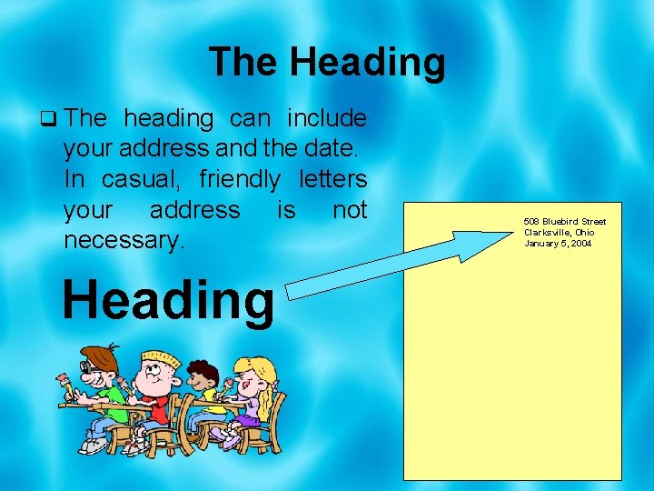 The Heading q The heading can include your address and the date. In casual,
