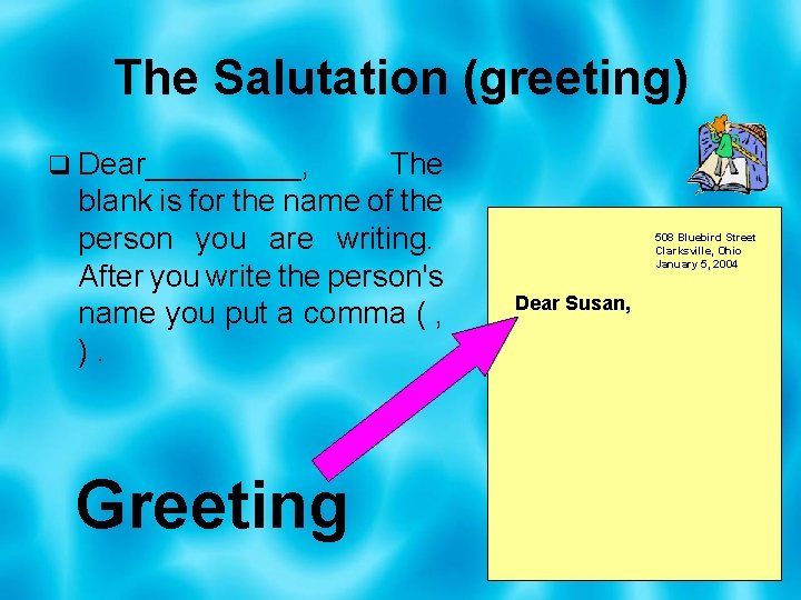 The Salutation (greeting) q Dear_____, The blank is for the name of the person