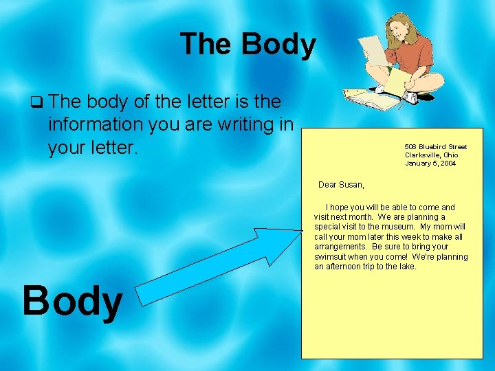 The Body q The body of the letter is the information you are writing