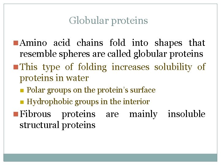 Globular proteins n Amino acid chains fold into shapes that resemble spheres are called