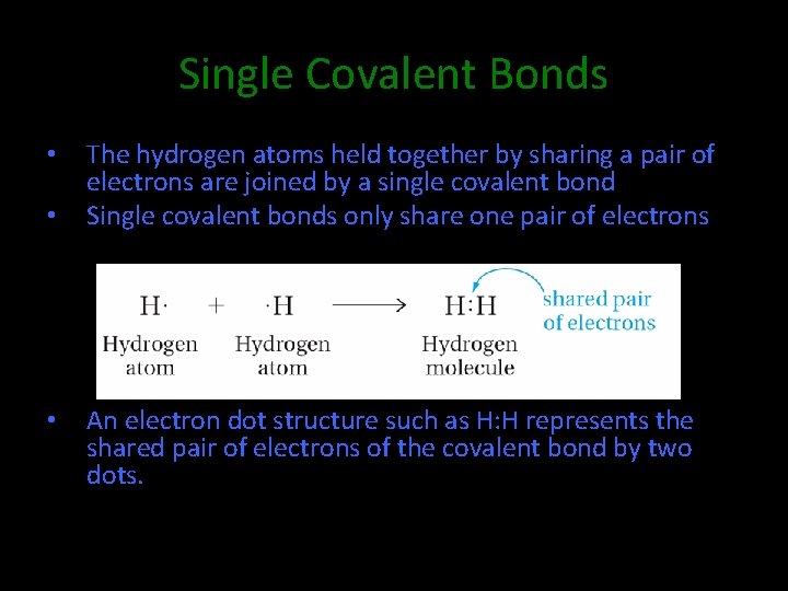 Single Covalent Bonds • • • The hydrogen atoms held together by sharing a