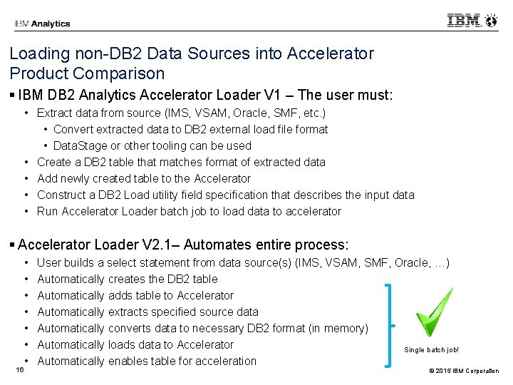 Loading non-DB 2 Data Sources into Accelerator Product Comparison IBM DB 2 Analytics Accelerator Loading non-DB 2 Data Sources into Accelerator Product Comparison IBM DB 2 Analytics Accelerator
