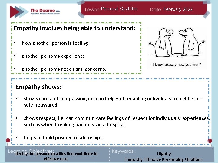 Personal Qualities February 2022 Empathy involves being able to understand: • how another person