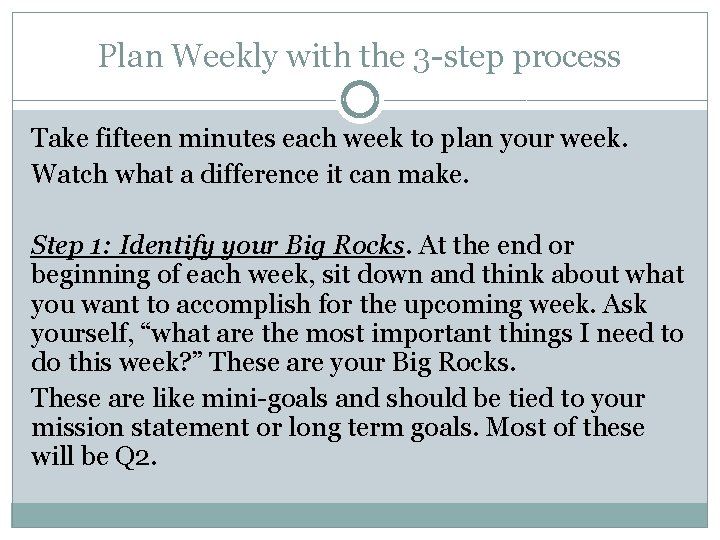 Plan Weekly with the 3 -step process Take fifteen minutes each week to plan