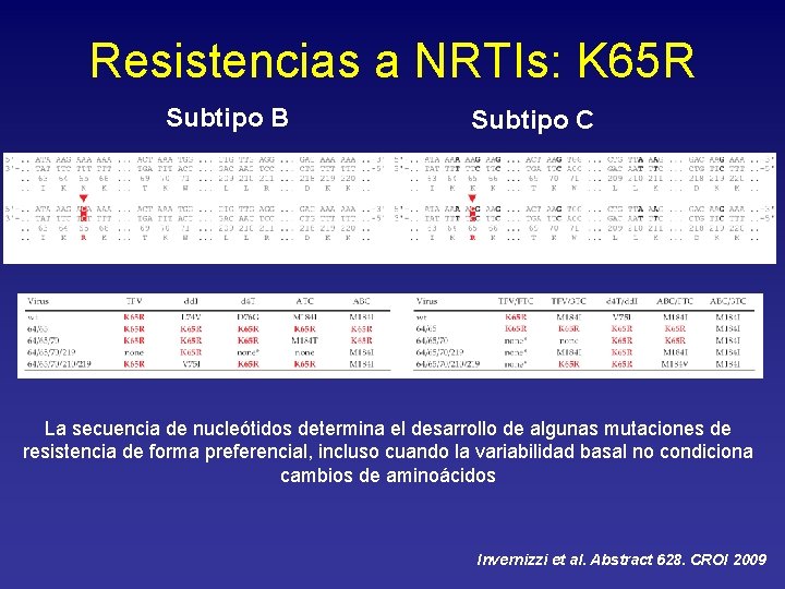 Resistencias a NRTIs: K 65 R Subtipo B Subtipo C La secuencia de nucleótidos