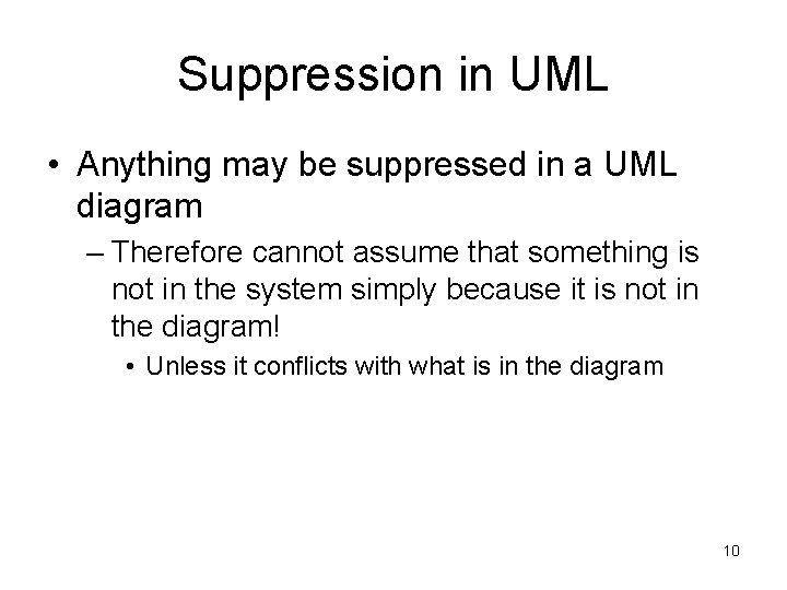 Suppression in UML • Anything may be suppressed in a UML diagram – Therefore