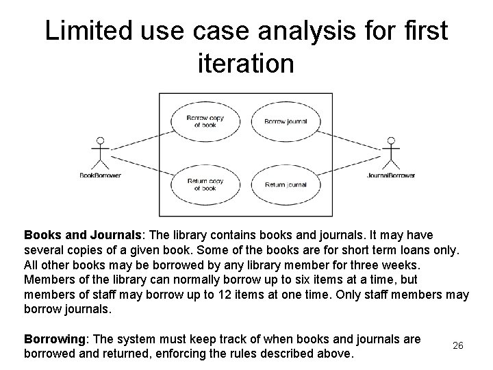 Limited use case analysis for first iteration Books and Journals: The library contains books