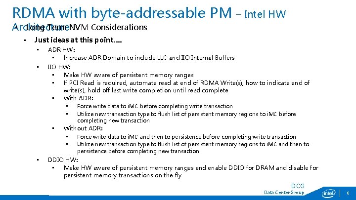 RDMA with byte-addressable PM – Intel HW • Long Term NVM Considerations Architecture •