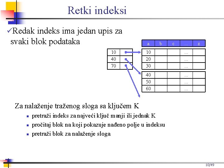 Retki indeksi Redak indeks ima jedan upis za svaki blok podataka a 10 40