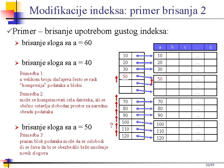 Modifikacije indeksa: primer brisanja 2 Primer – brisanje upotrebom gustog indeksa: brisanje sloga sa