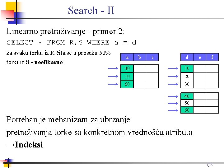 Search - II Linearno pretraživanje - primer 2: SELECT * FROM R, S WHERE