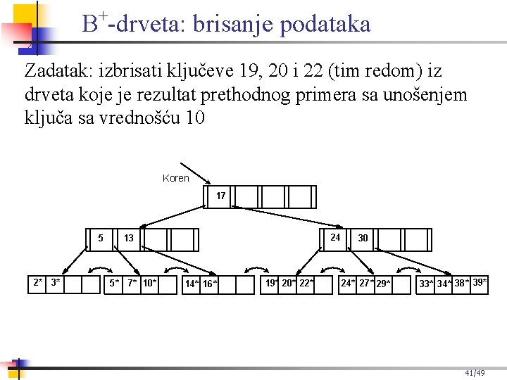 + B -drveta: brisanje podataka Zadatak: izbrisati ključeve 19, 20 i 22 (tim redom)