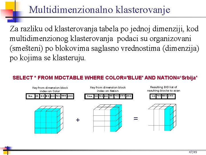 Multidimenzionalno klasterovanje Za razliku od klasterovanja tabela po jednoj dimenziji, kod multidimenzionog klasterovanja podaci