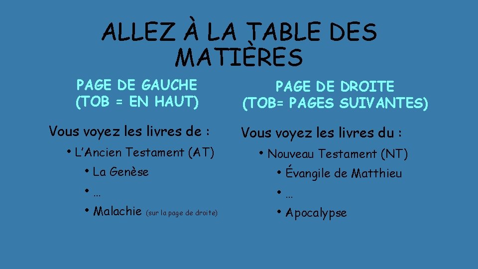 ALLEZ À LA TABLE DES MATIÈRES PAGE DE GAUCHE (TOB = EN HAUT) Vous