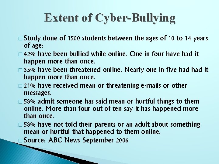 Extent of Cyber-Bullying � Study done of 1500 students between the ages of 10