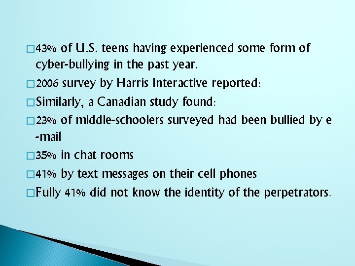 � 43% of U. S. teens having experienced some form of cyber-bullying in the