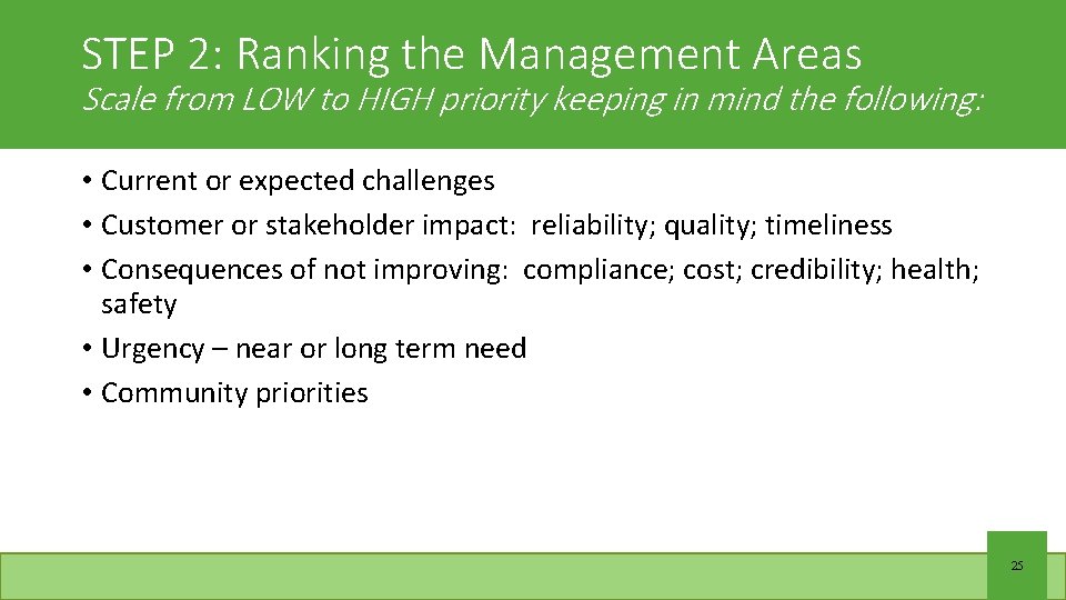 STEP 2: Ranking the Management Areas Scale from LOW to HIGH priority keeping in