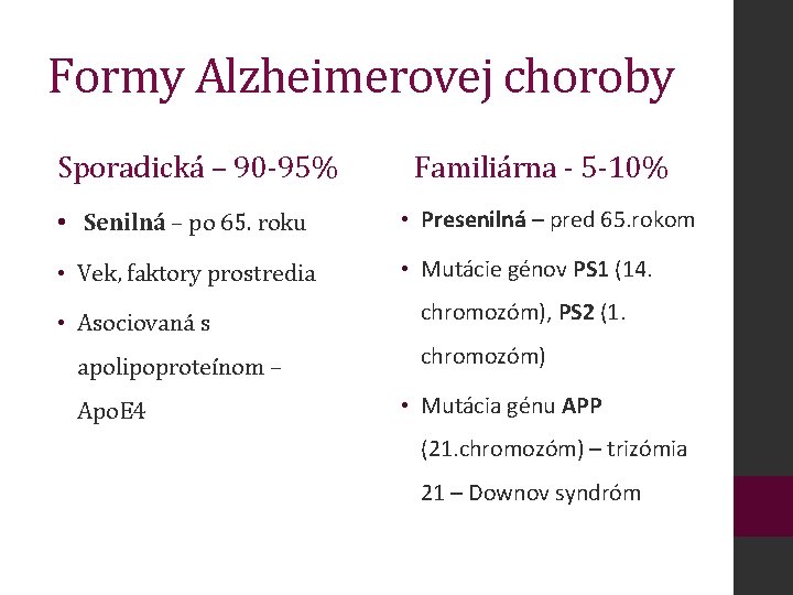 Formy Alzheimerovej choroby Sporadická – 90 -95% Familiárna - 5 -10% • Senilná –