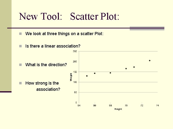 New Tool: Scatter Plot: n We look at three things on a scatter Plot: