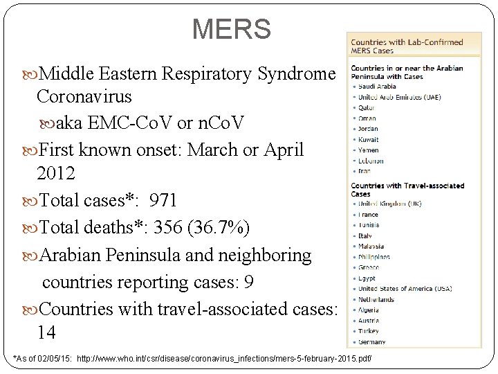 MERS Middle Eastern Respiratory Syndrome Coronavirus aka EMC-Co. V or n. Co. V First