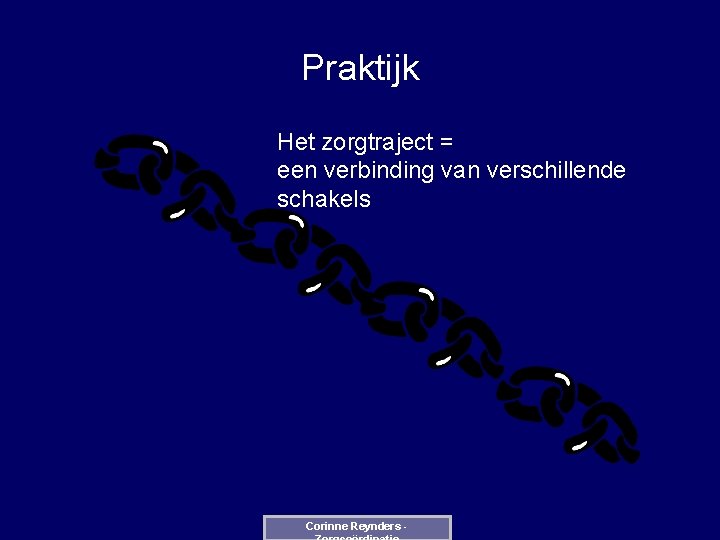 Praktijk Het zorgtraject = een verbinding van verschillende schakels Corinne Reynders - 