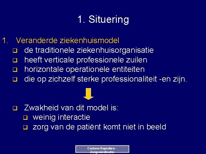 1. Situering 1. Veranderde ziekenhuismodel q de traditionele ziekenhuisorganisatie q heeft verticale professionele zuilen