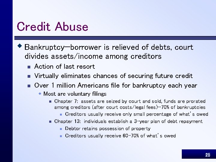 Credit Abuse w Bankruptcy—borrower is relieved of debts, court divides assets/income among creditors n