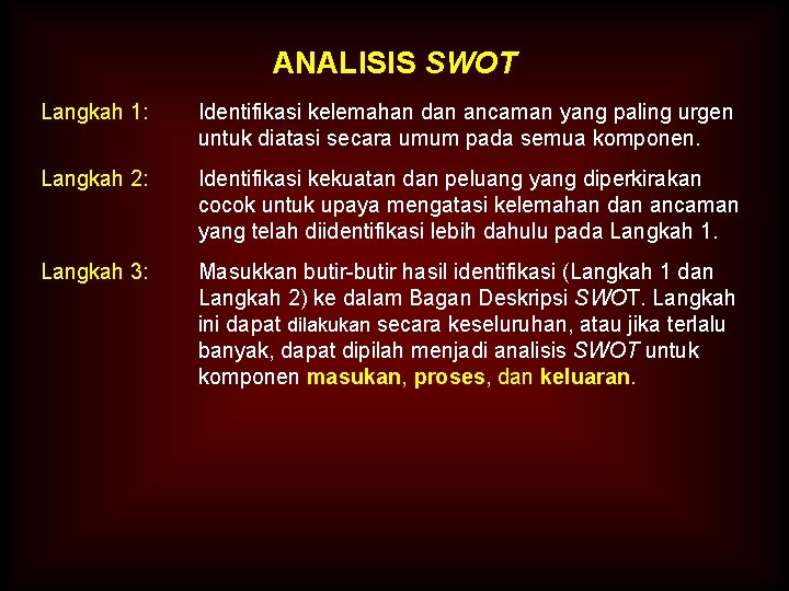 ANALISIS SWOT Langkah 1: Identifikasi kelemahan dan ancaman yang paling urgen untuk diatasi secara