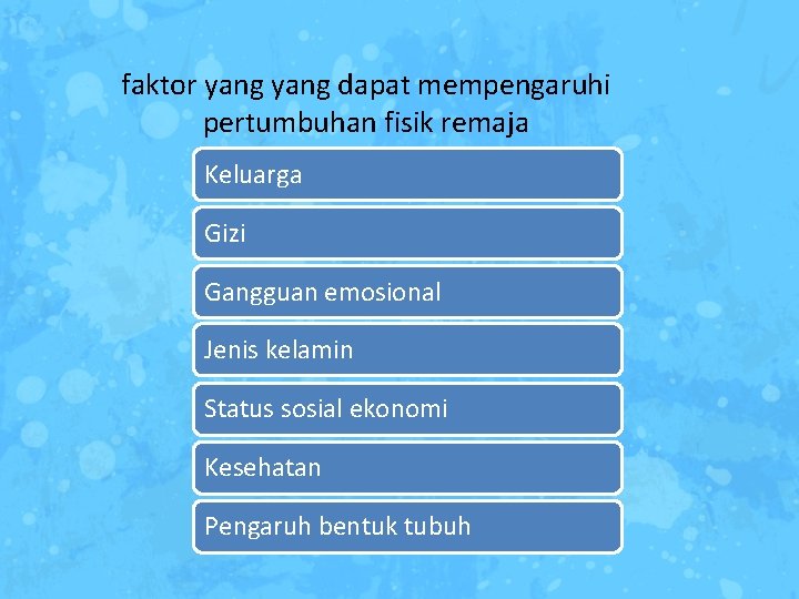 faktor yang dapat mempengaruhi pertumbuhan fisik remaja Keluarga Gizi Gangguan emosional Jenis kelamin Status