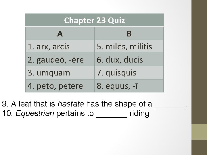 Chapter 23 Quiz A 1. arx, arcis 2. gaudeō, -ēre 3. umquam 4. peto,