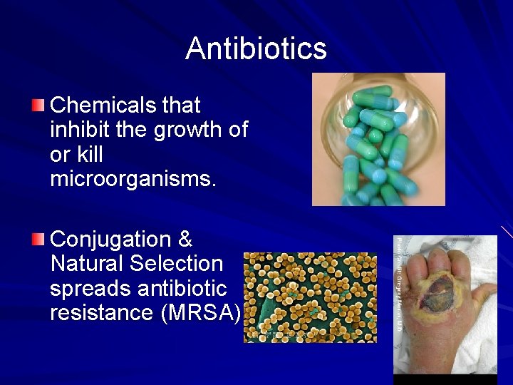 Antibiotics Chemicals that inhibit the growth of or kill microorganisms. Conjugation & Natural Selection