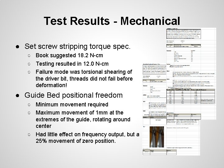 Test Results - Mechanical ● Set screw stripping torque spec. ○ Book suggested 18.