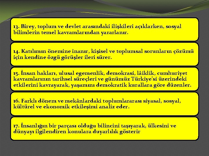 13. Birey, toplum ve devlet arasındaki ilişkileri açıklarken, sosyal bilimlerin temel kavramlarından yararlanır. 14.