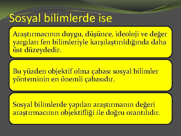 Sosyal bilimlerde ise Araştırmacının duygu, düşünce, ideoloji ve değer yargıları fen bilimleriyle karşılaştırıldığında daha